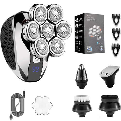 Detachable Head Shavers for Bald Men 6 in 1 Electric Razor for Bald Men 7D with Hair Sideburns Trimmer Waterproof Wet and Dry Cordless Men Grooming Kit