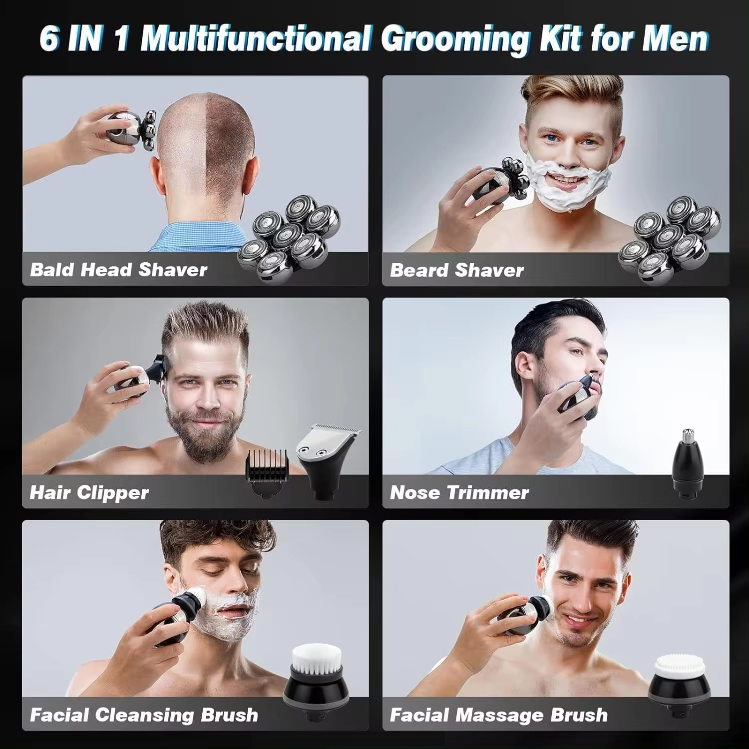 Head Shaver Electric Shavers for Bald Men Upgrade 6-in-1 Wet and Dry Rotary Head Razor for Balding Clippers Grooming Kit Wireless Charging Base