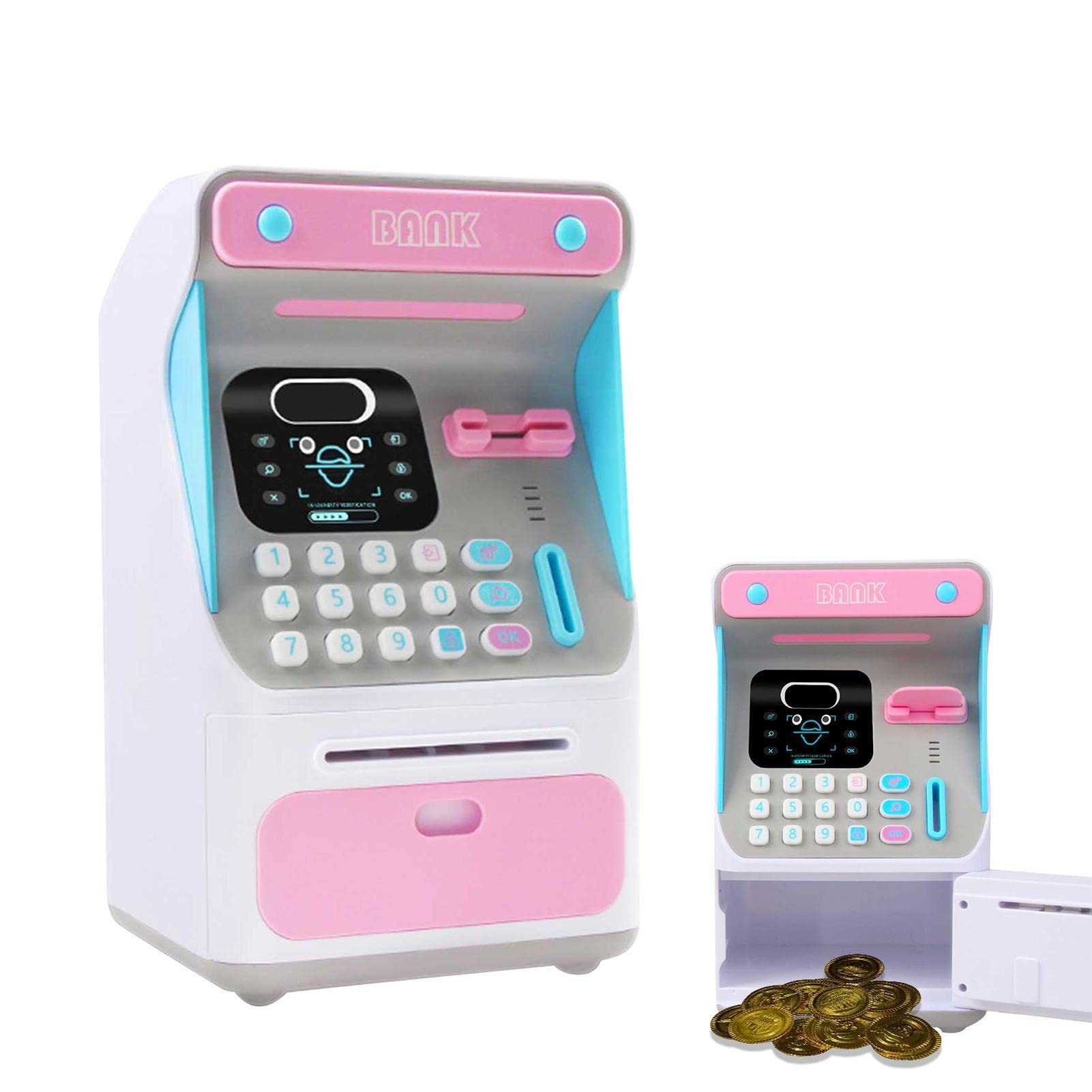 (Blue) Electronic Piggy Bank ATM Cash Coin Money Box With Face Recognition Unlocking Birthday Toys Gifts