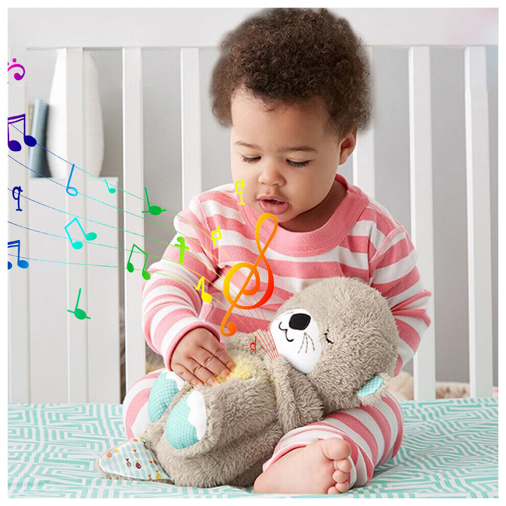 (Grey) With Breathing Movement Soothing Sleeping Otter Toy Musical Stuffed Baby Toy