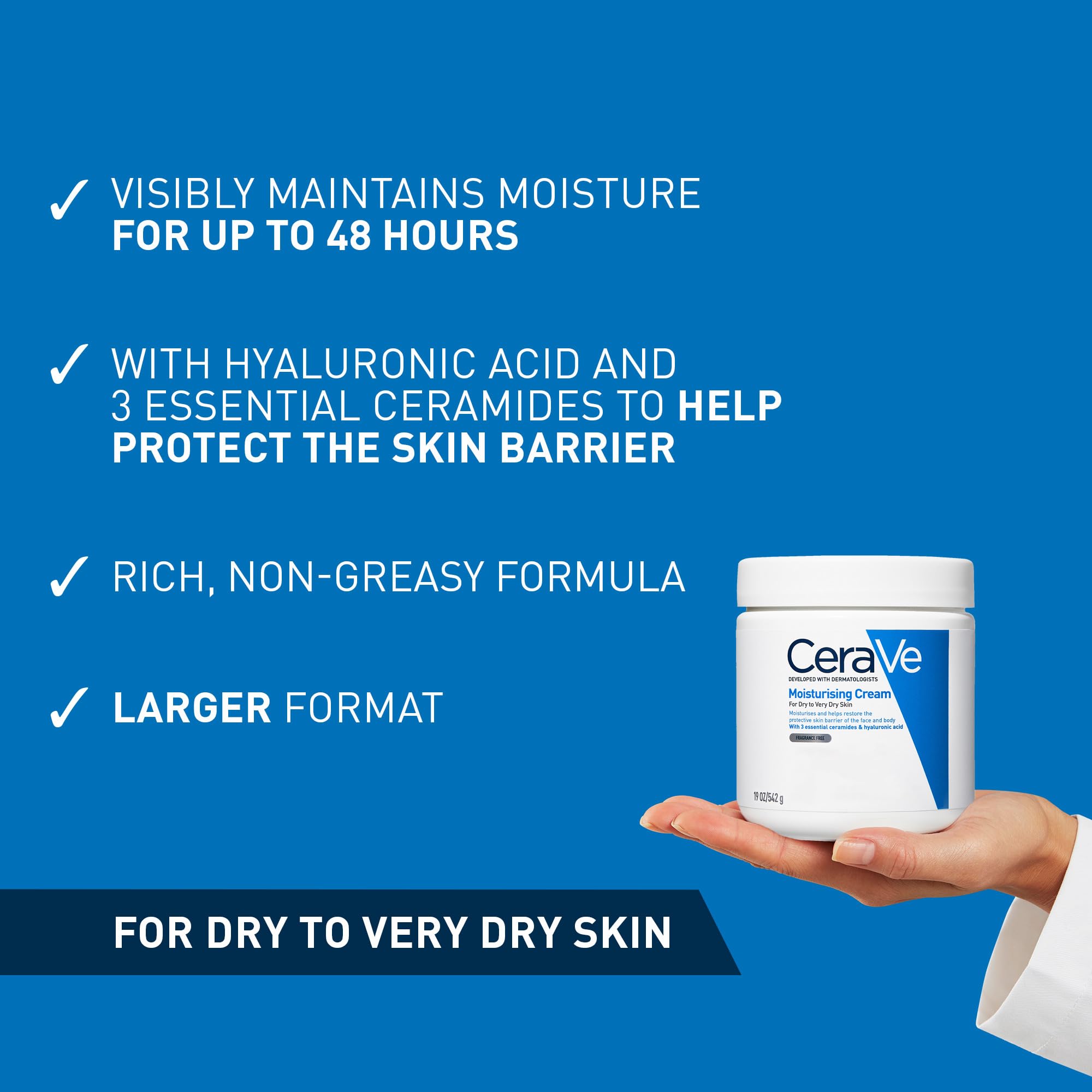 CeraVe Moisturising Cream Face Body With 3 essential ceramides hyaluronic acid For dry to very dry skin 542g