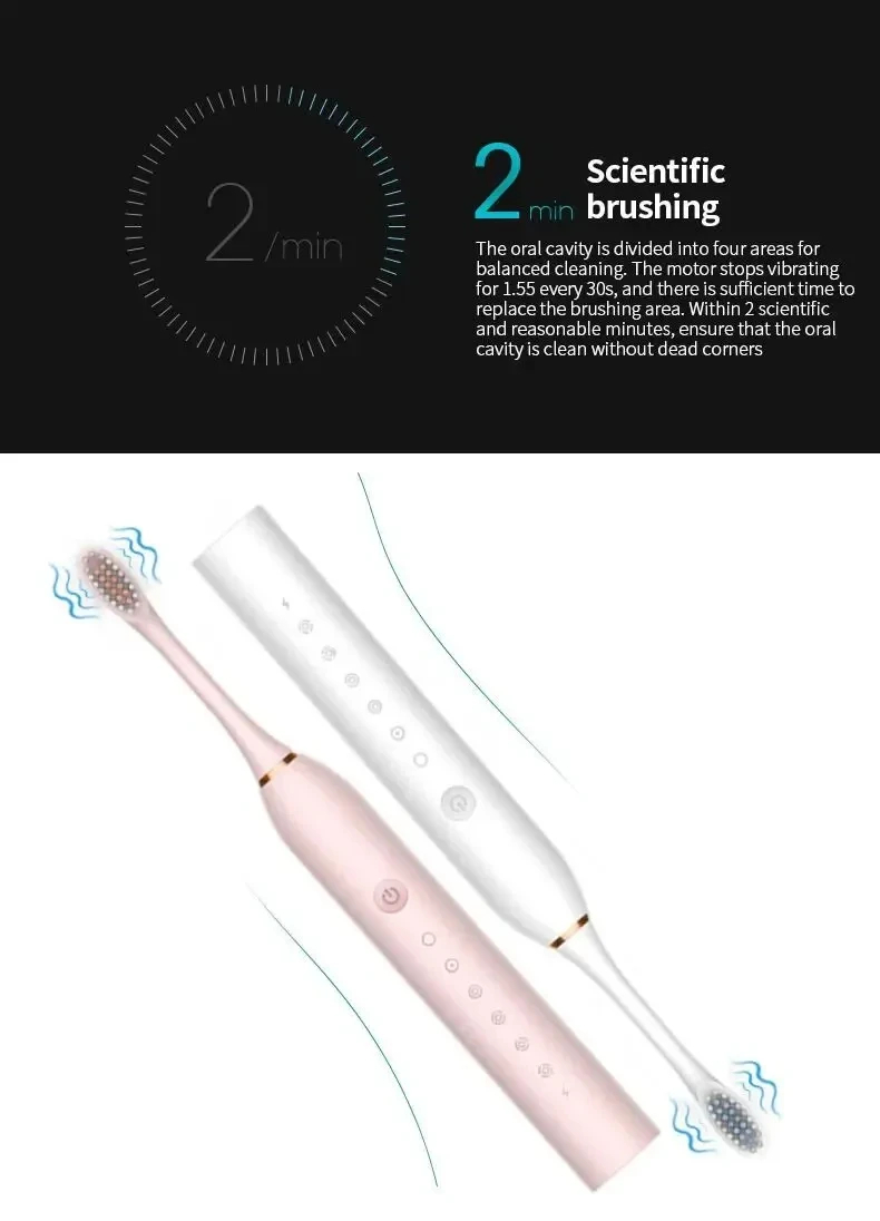 (Black) Electric Ultrasonic Toothbrush Six Speed Mode Home Soft Hair USB Charging Waterproof Adult Tooth Cleaner Automatic Couple Set