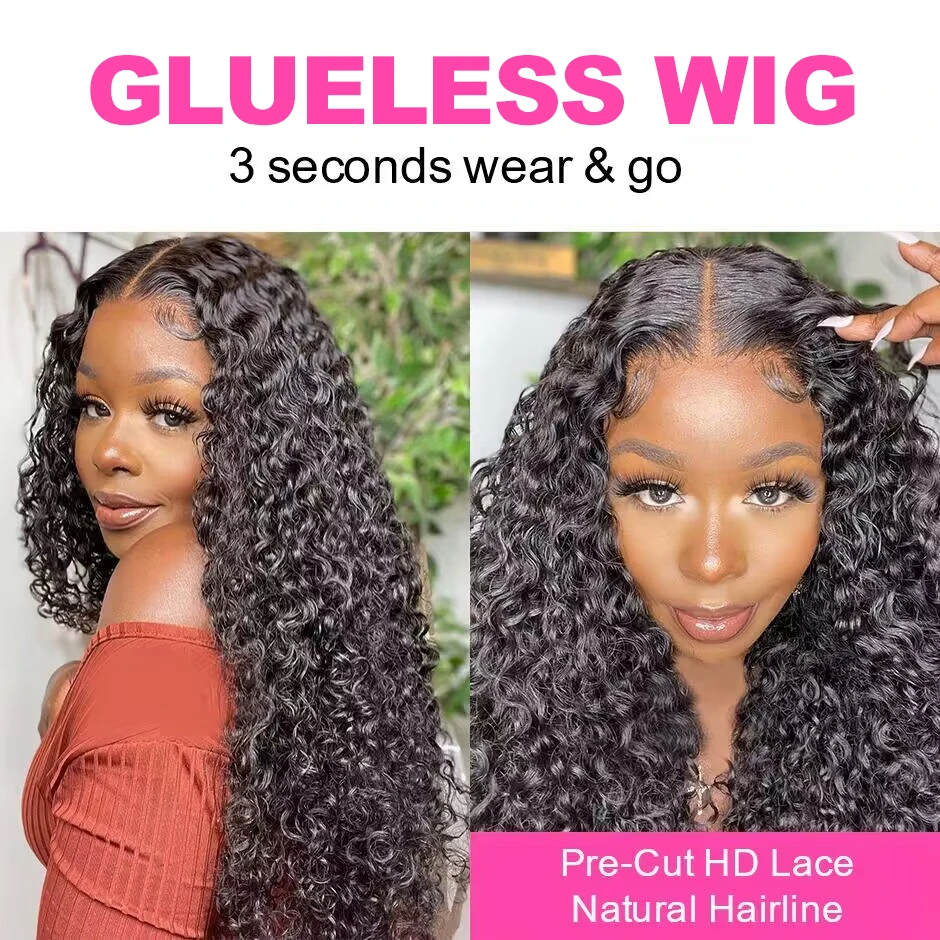 (18 inches) Water Wave Glueless Wig Pre-Cut Lace Wig 180 Percents Pre-Plucked Natural Wave Wear Go Glueless Curly Human Hair Wigs For Women