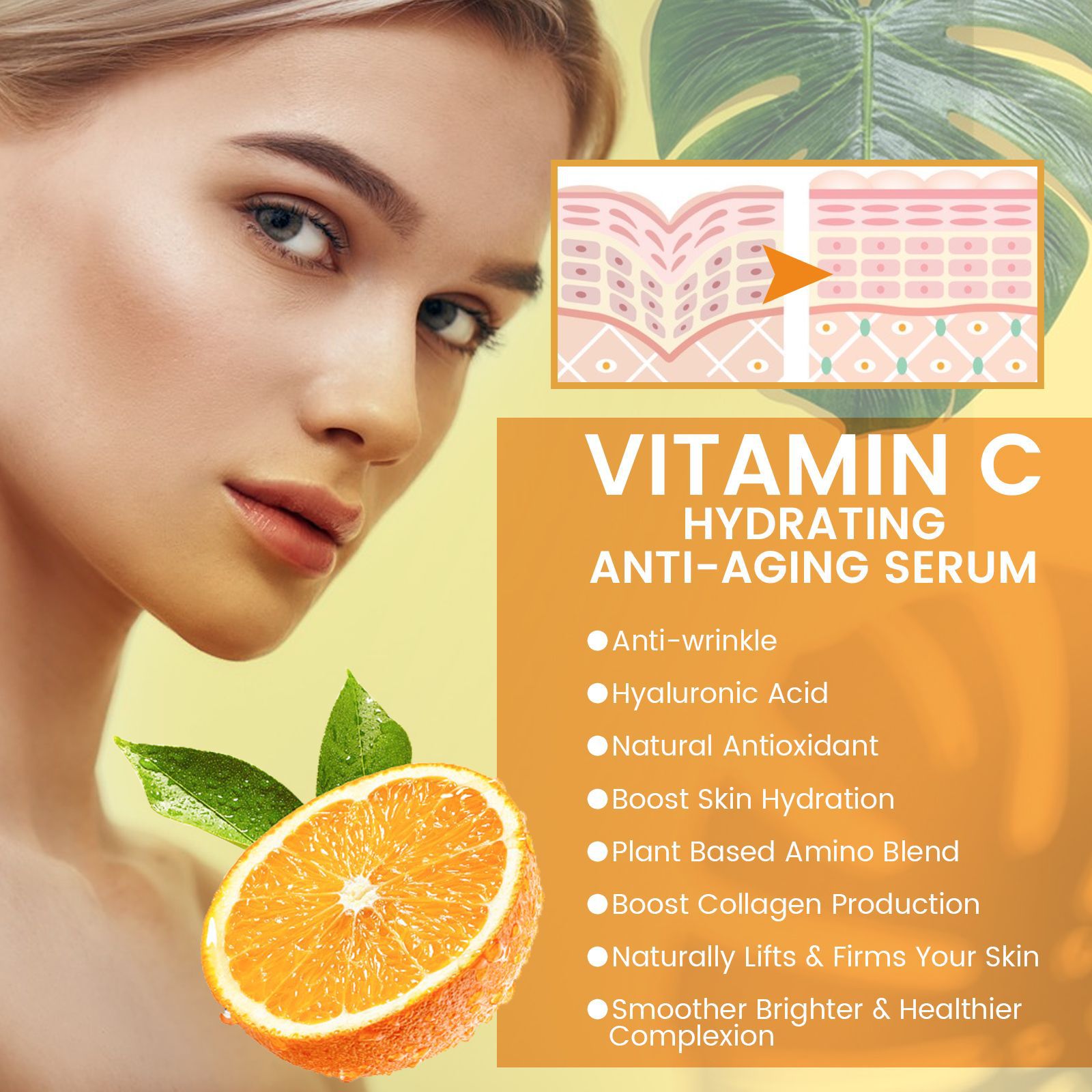 Vitamin C Serum For Hydrating Face Whitening Hyaluronic Acid Anti Wrinkle Brighten Dark Spot Freckle Essence Fade Fine Line Firming Facial Essence Skincare Nourish
