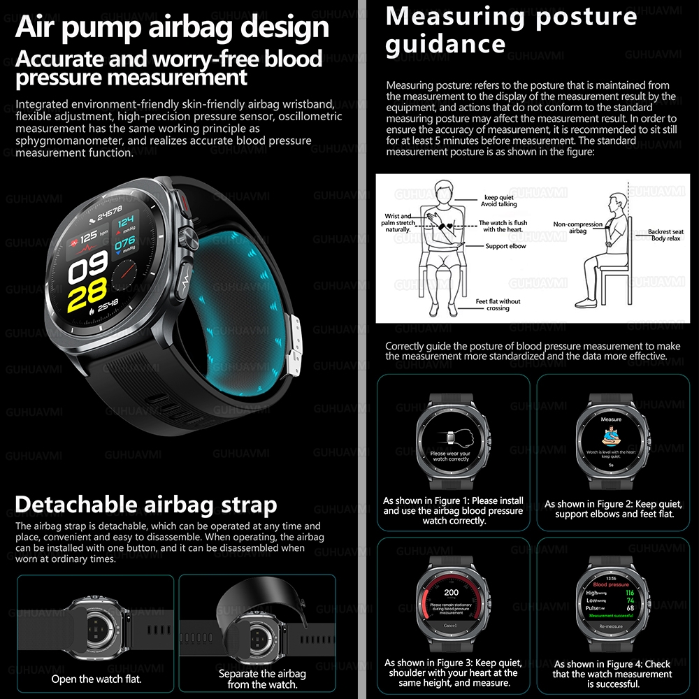 ECG Smart Watch Air Pump Sac True Accurate Blood Pressure Health Monitoring Airbag Sport Fitness