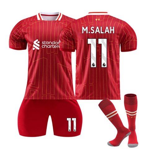 (Kids 16) 2425 Liverpool Home Football Kit No 11 M Salah Soccer Jersey Kids Football Jersey Boys Jersey Sets Training Shirts Socks Football Fans Gifts