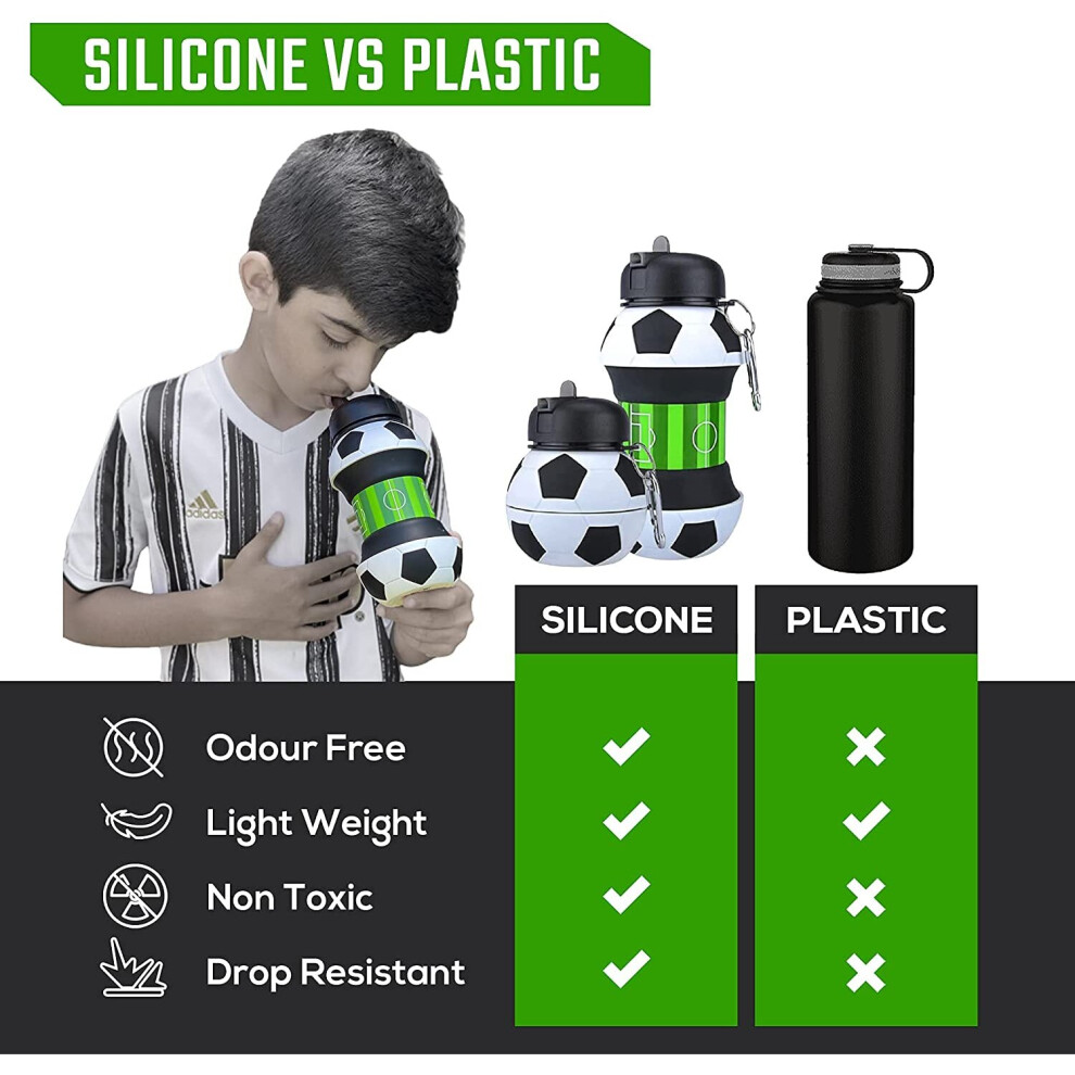 Football Water Bottle - 550ml Collapsible Water Container for Kids - Silicone Reusable Water Bottles for Boys and Girls - Leakproof BPA-Free