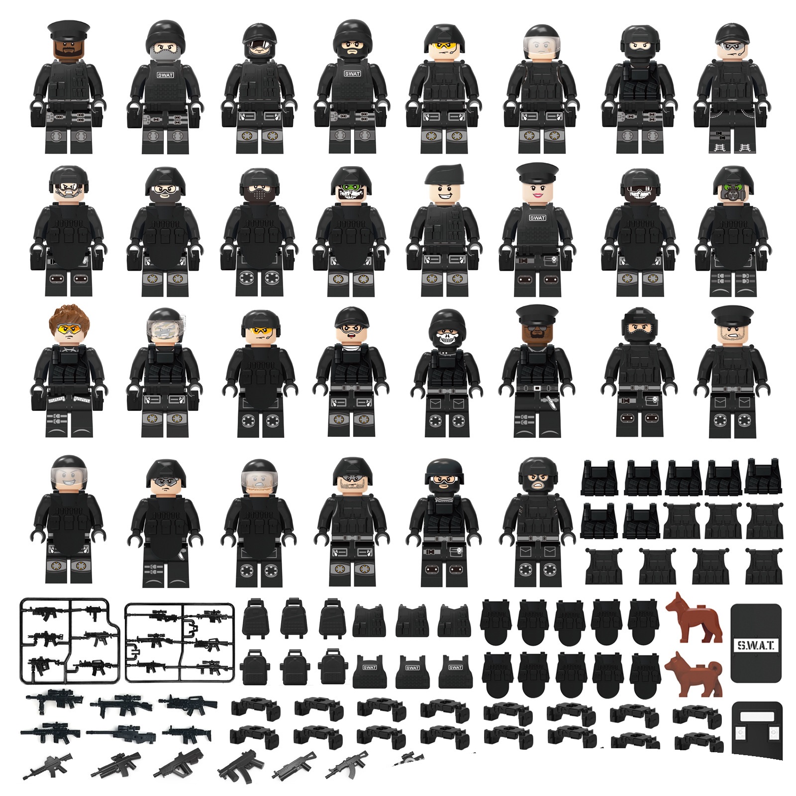 (12 Pcs Polices) Police Mini Figures with Weapons Accessories Black Police Building Blocks Military Strategy Game Toys Role Play Gifts for Kids