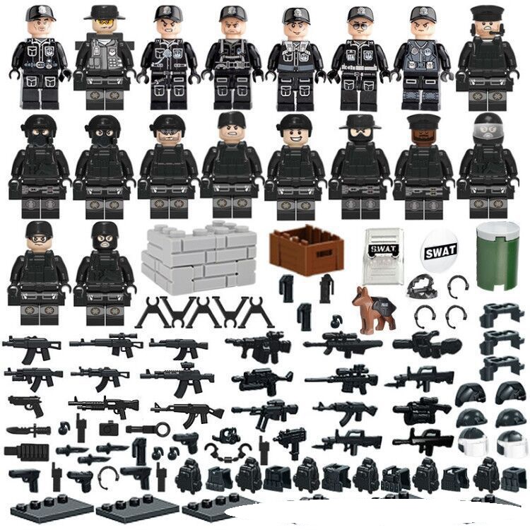 (12 Pcs Polices) Police Mini Figures with Weapons Accessories Black Police Building Blocks Military Strategy Game Toys Role Play Gifts for Kids