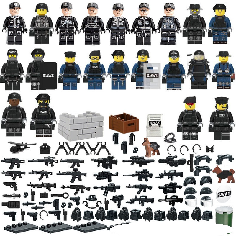 (12 Pcs Polices) Police Mini Figures with Weapons Accessories Black Police Building Blocks Military Strategy Game Toys Role Play Gifts for Kids