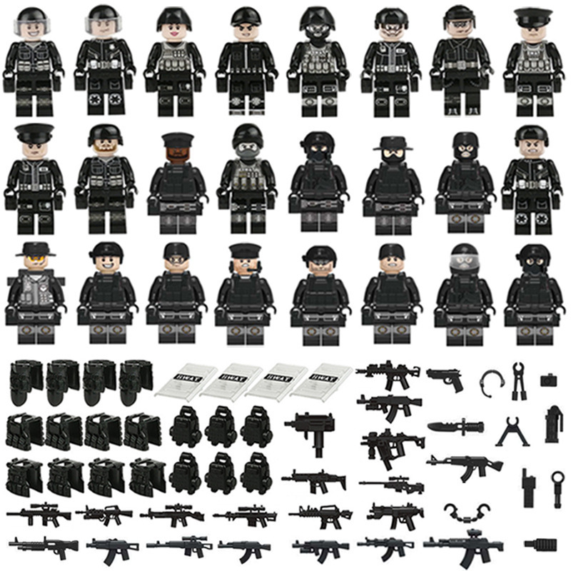 (12 Pcs Polices) Police Mini Figures with Weapons Accessories Black Police Building Blocks Military Strategy Game Toys Role Play Gifts for Kids