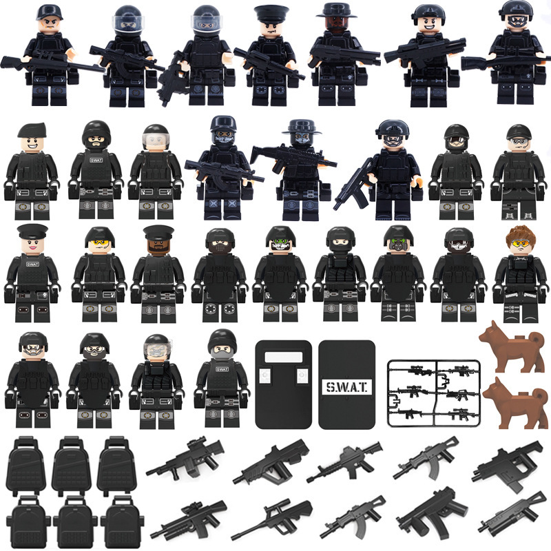 (12 Pcs Polices) Police Mini Figures with Weapons Accessories Black Police Building Blocks Military Strategy Game Toys Role Play Gifts for Kids