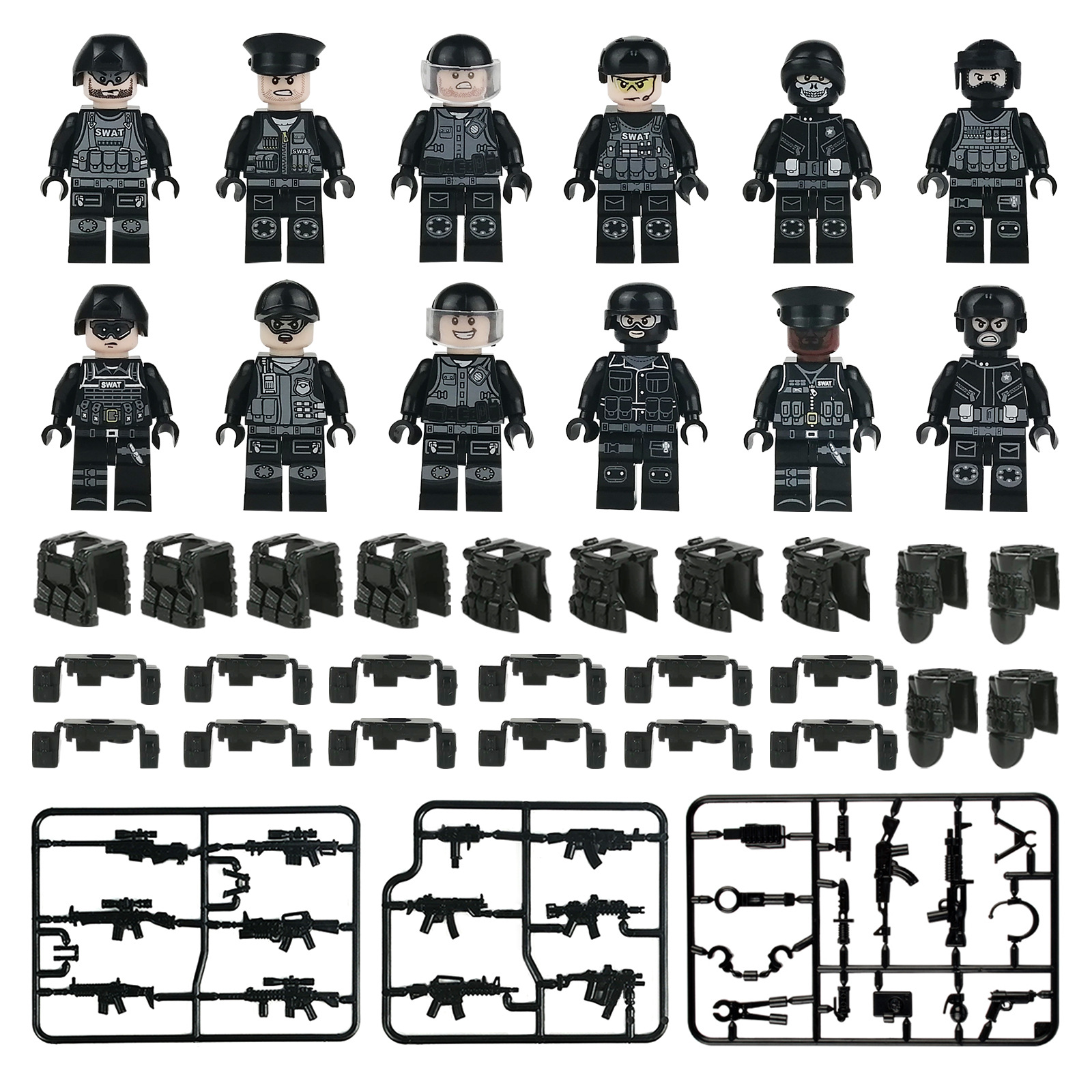 (12 Pcs Polices) Police Mini Figures with Weapons Accessories Black Police Building Blocks Military Strategy Game Toys Role Play Gifts for Kids