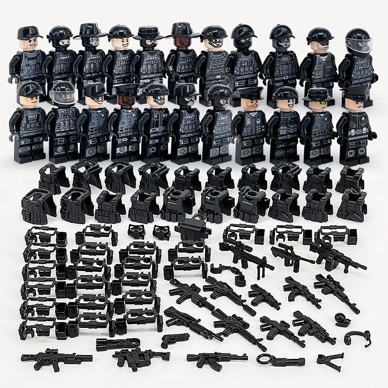 (12 Pcs Polices) Police Mini Figures with Weapons Accessories Black Police Building Blocks Military Strategy Game Toys Role Play Gifts for Kids
