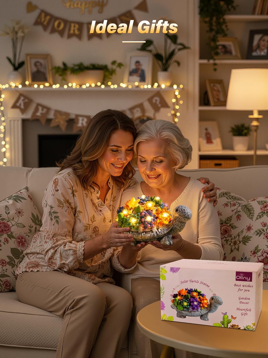 Women Mum Gifts Solar Turtle Garden Ornaments with LED Lights Mothers Day Birthday Gift Ideas for Grandma Older Ladies Unique Tortoise Statue Gardening 