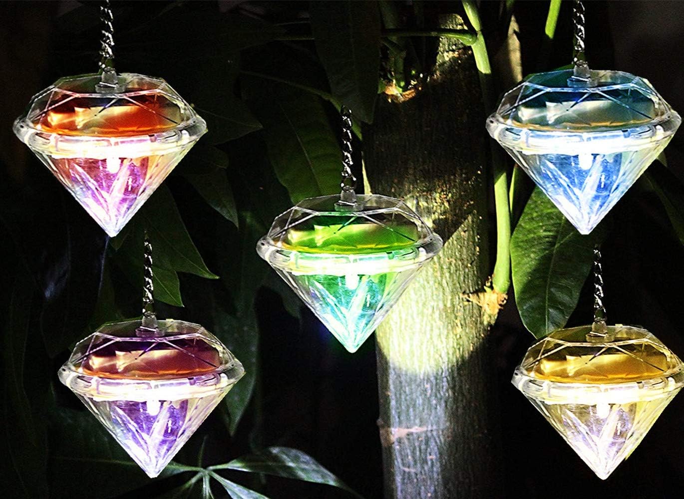 Solar Diamond Hanging Lights Solar Garden Lights 5 Pack RGB 7 Color Changing LED Decorative Lamps for Patio Garden Tree Walkway Lawn Yard Fence Deck