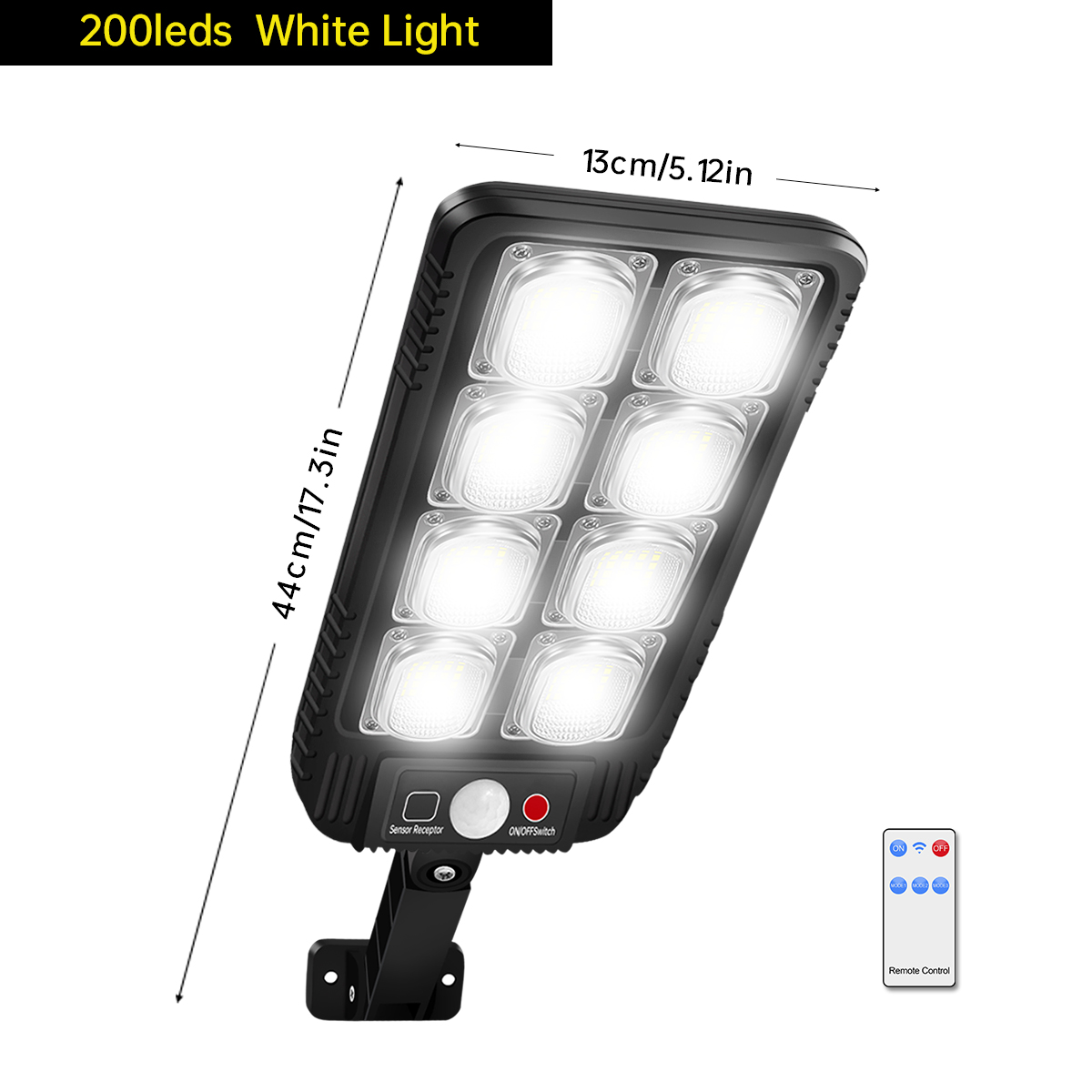 (200led White) Solar Street Lights Outdoor Waterproof Solar Lamp with Remote Control 3 Working Modes IP65 Waterproof for Garden Wall Yard