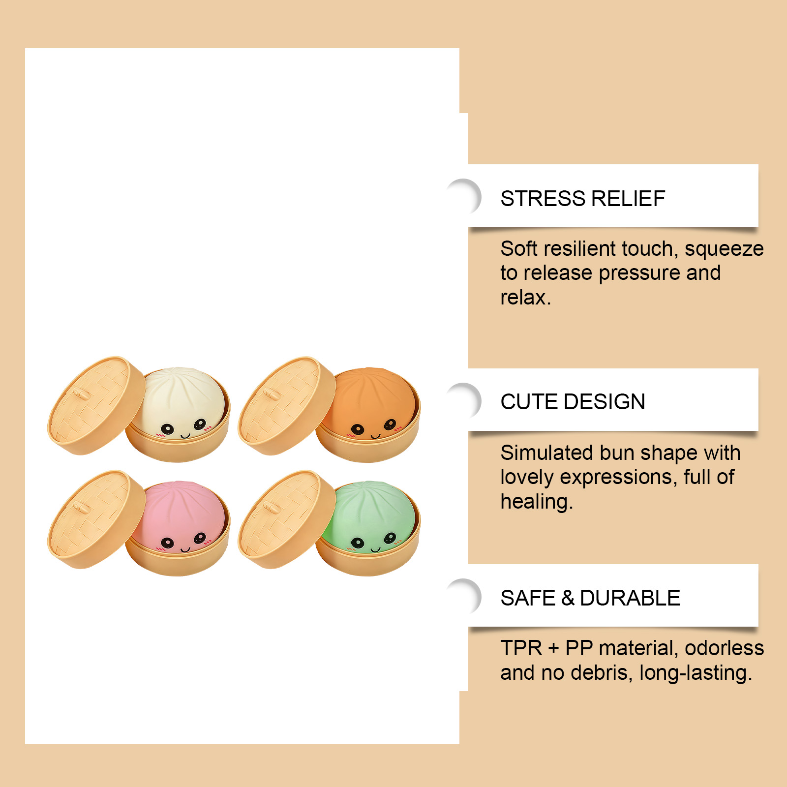 (Pink) Beige Bun Squishy Soft NonSticky Squeeze Rebound Simulated Fun StressRelief Portable Carry Play Toy