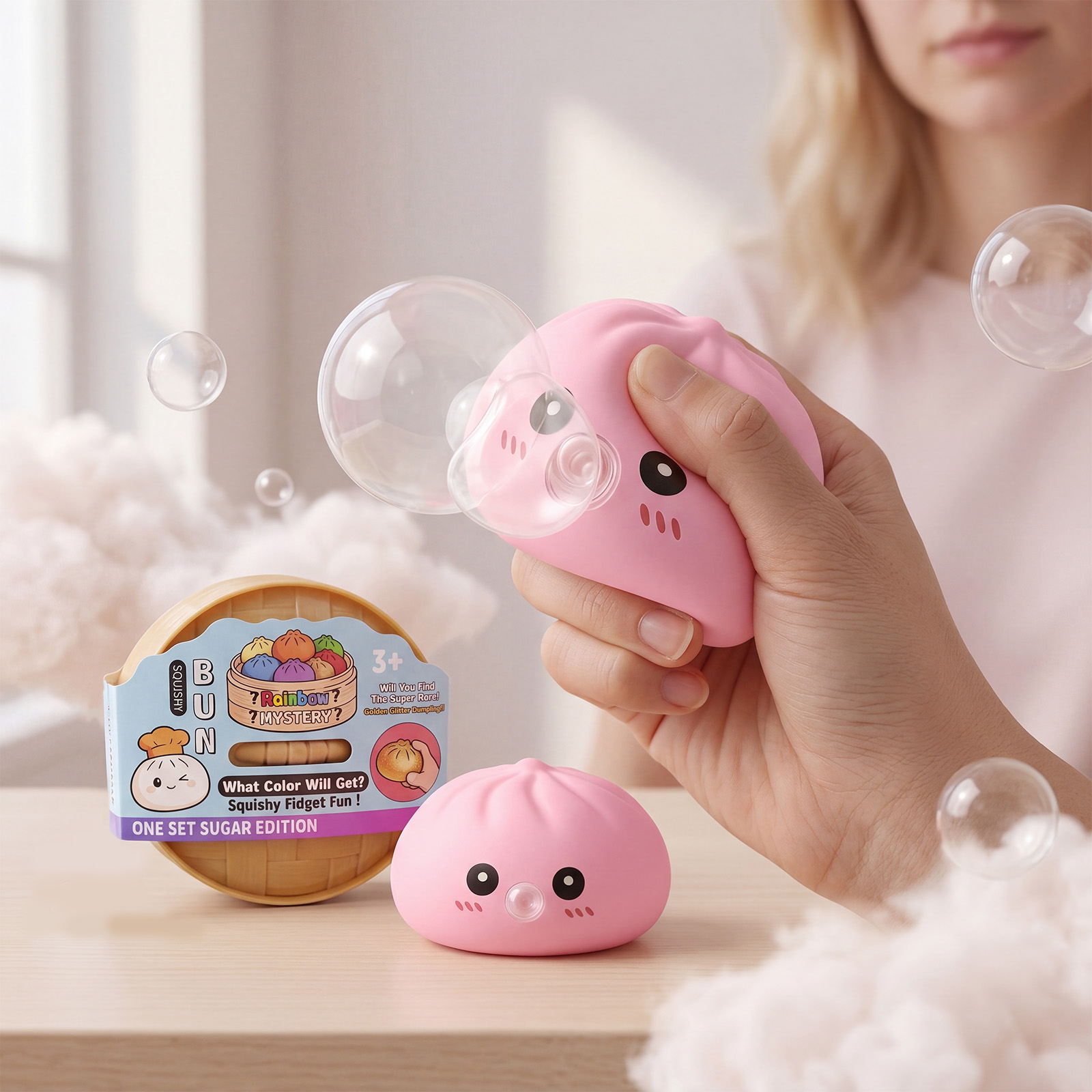 (Pink) Beige Bun Squishy Soft NonSticky Squeeze Rebound Simulated Fun StressRelief Portable Carry Play Toy