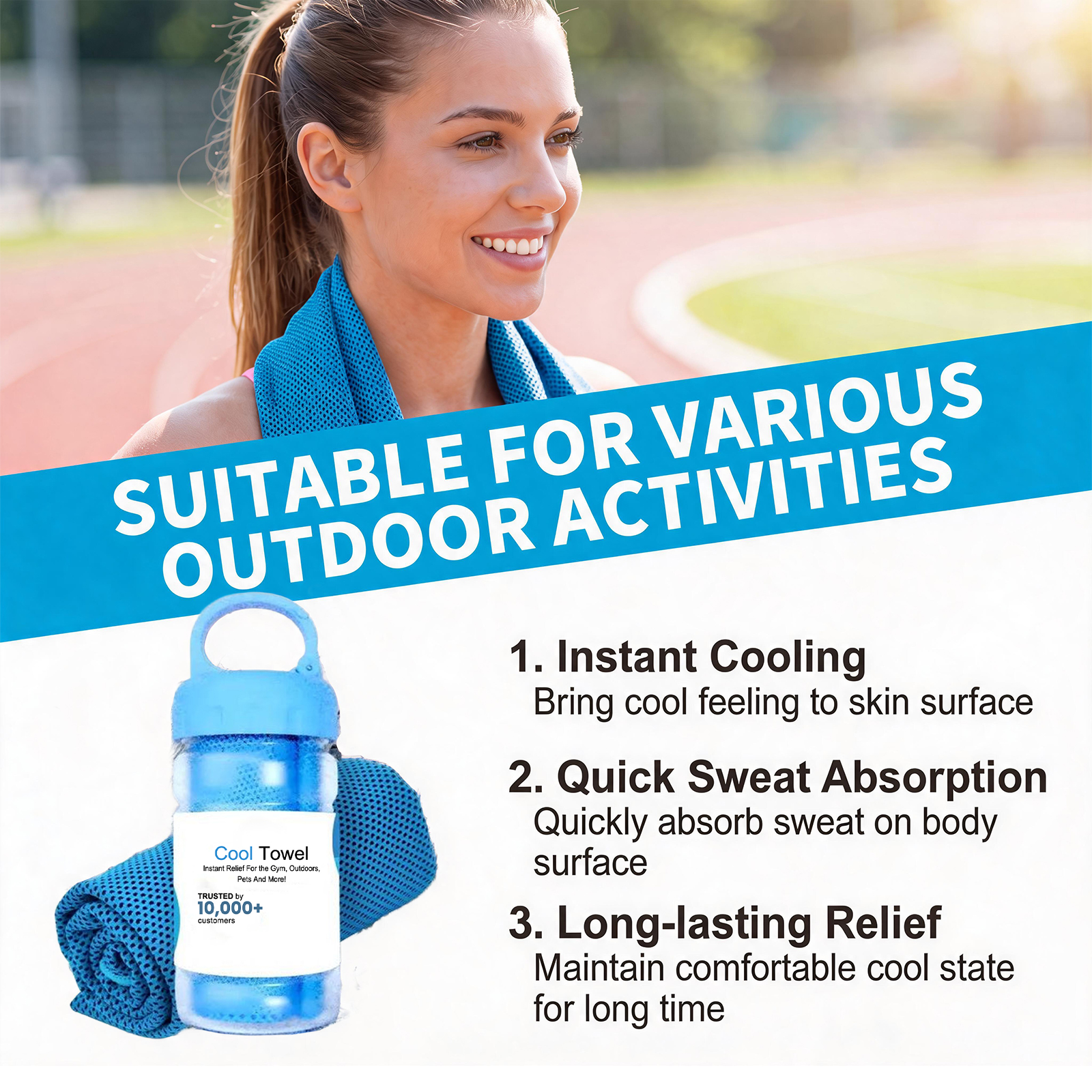 Cooling Towel Sky Blue Soft Water Absorbent Portable Cold Feeling Sweat Absorbing Outdoor Sports Heat Reduction