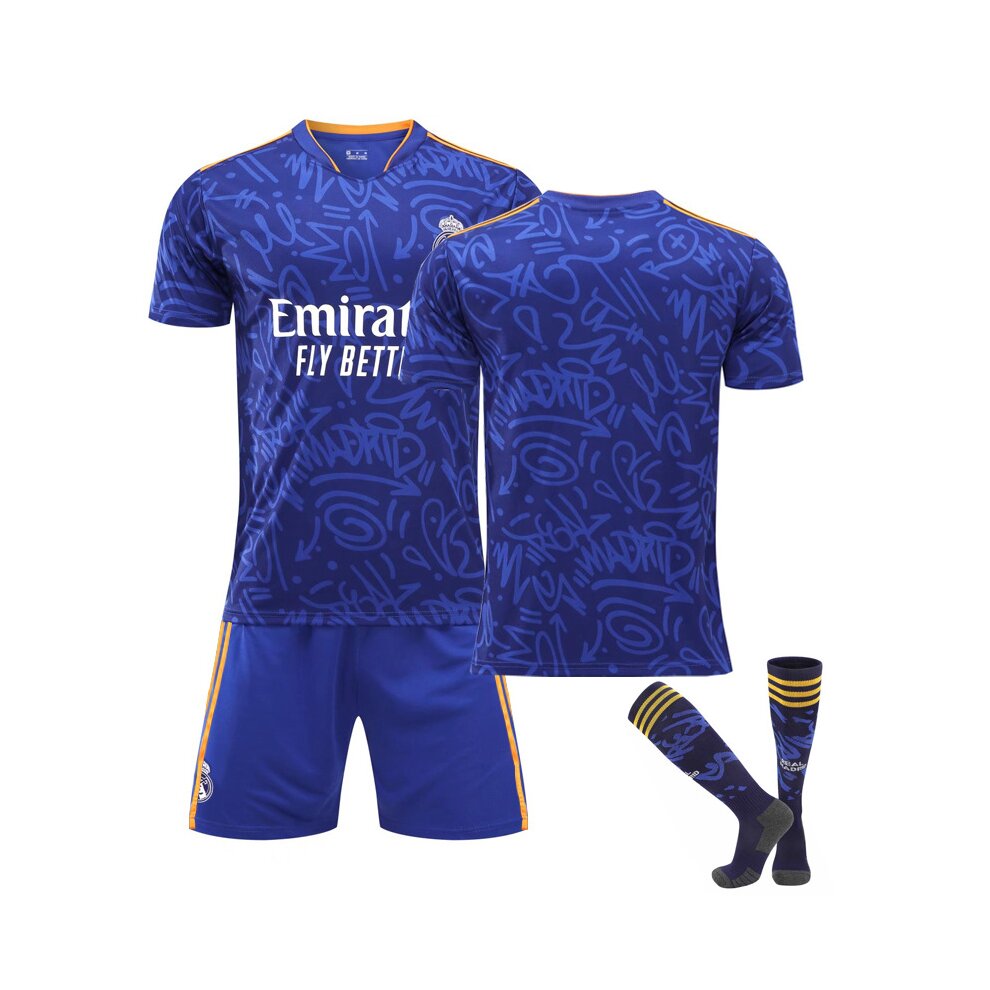 (without numer Adults XXL) Football Jersey Kits With Socks 21-22 Real Madrid Away Sapphire Football Jersey Suit For Adults Kids Boys Soccer Training T-shirt UINIJR MODRIC BENZEMA KROOS and HAZARD Fans Gift Blue