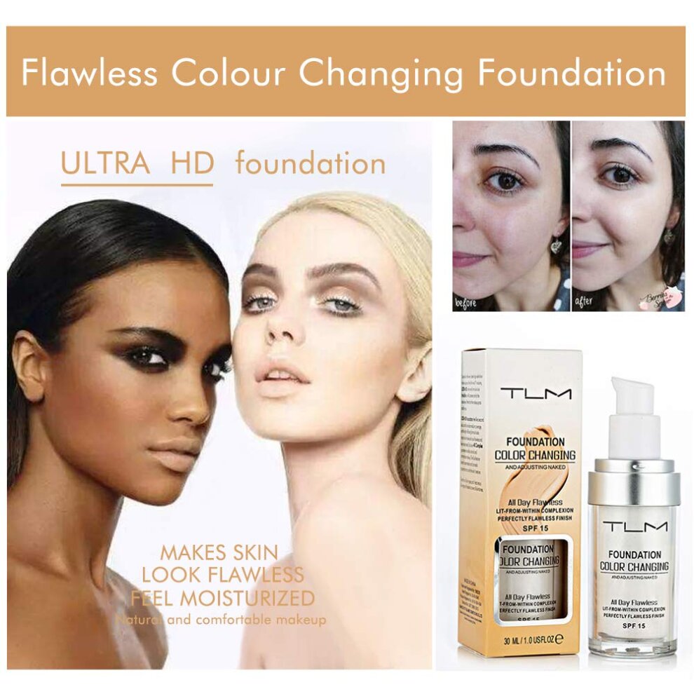 TLM Flawless Colour Changing Warm Skin Tone Foundation Concealer Cover Cream Moisturizing Foundation Makeup Naturally Blends Long Lasting for Face Makeup Waterproof Poreless Liquid Foundation 2 Pcs