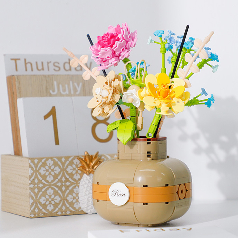 (Rose) Building Block Bouquet 3D Model Toy Home Decoration Plant Potted Flower Assembly Brick Girl Toy Child Gift