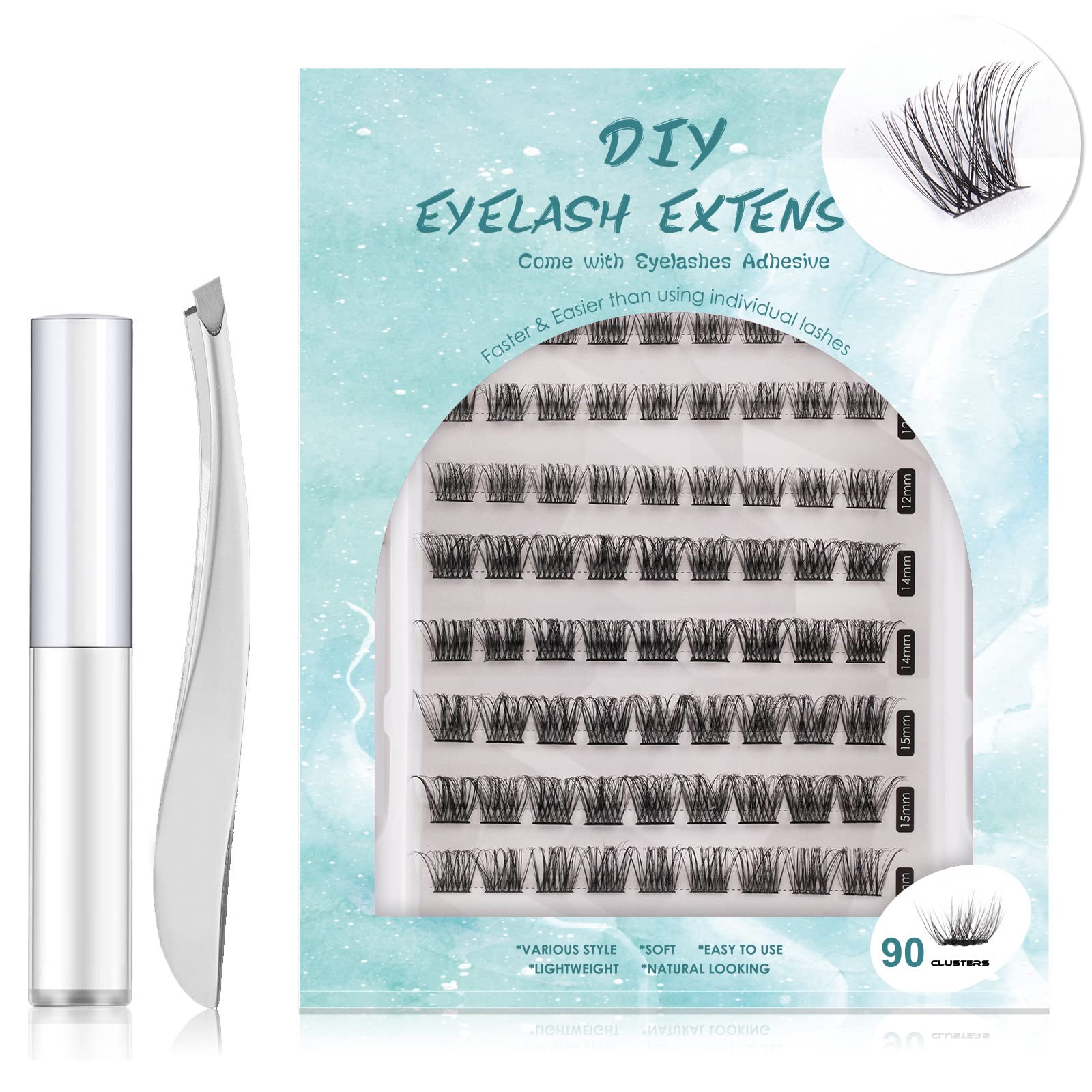 (90 Clusters) Individual Eyelashes Cluster Lashes DIY False Lashes 3D Fake Eyelash Extension Kit Reusable Precut Segmented Cluster Soft Natural C CC D Curl with Eyelash Glue and Tweezers Home Use