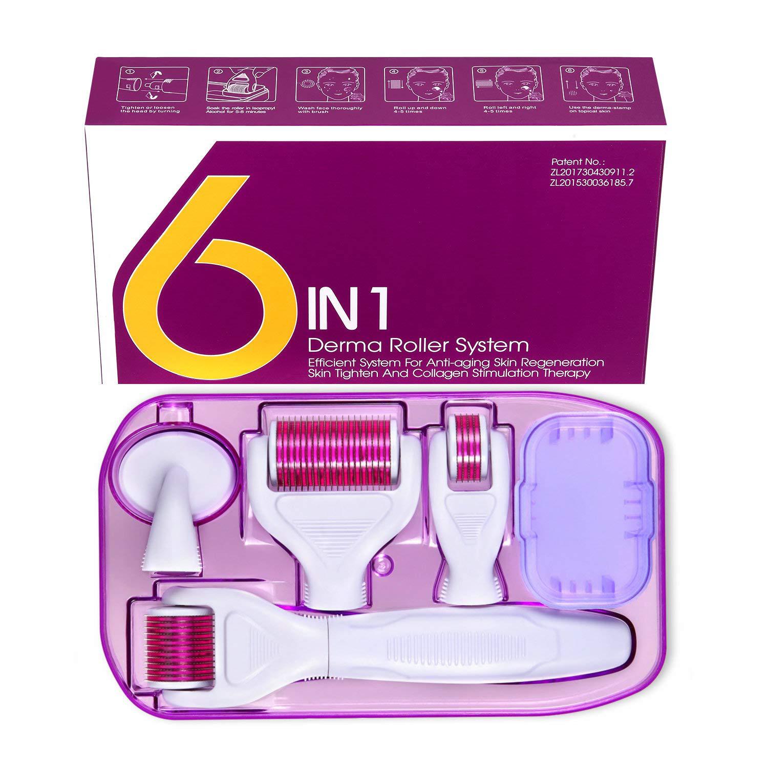 (Purple) Derma Roller DRS 6 in 1 Tool Set Titanium Roller Micro Needles Microdermabrasion Facial Rollor Microneedle Kits for Skin Care Skin Regeneration