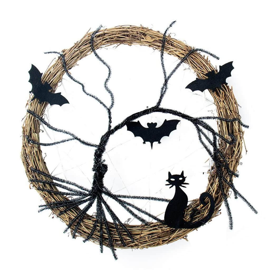 Happy Halloween Wreath Light up Black Bat Cat Wreath Pendant Halloween Decor for Home Party Supplies