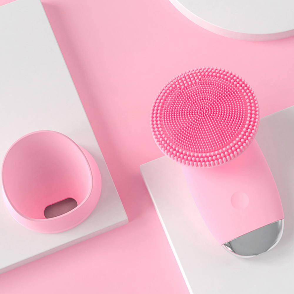 (Pink) Facial Cleansing Brush Electric Silicone Makeup Remover Face Skin Care Tools Waterproof Ultrasonic Sonic Cleanser Cleans Pores Facial Beauty Massager