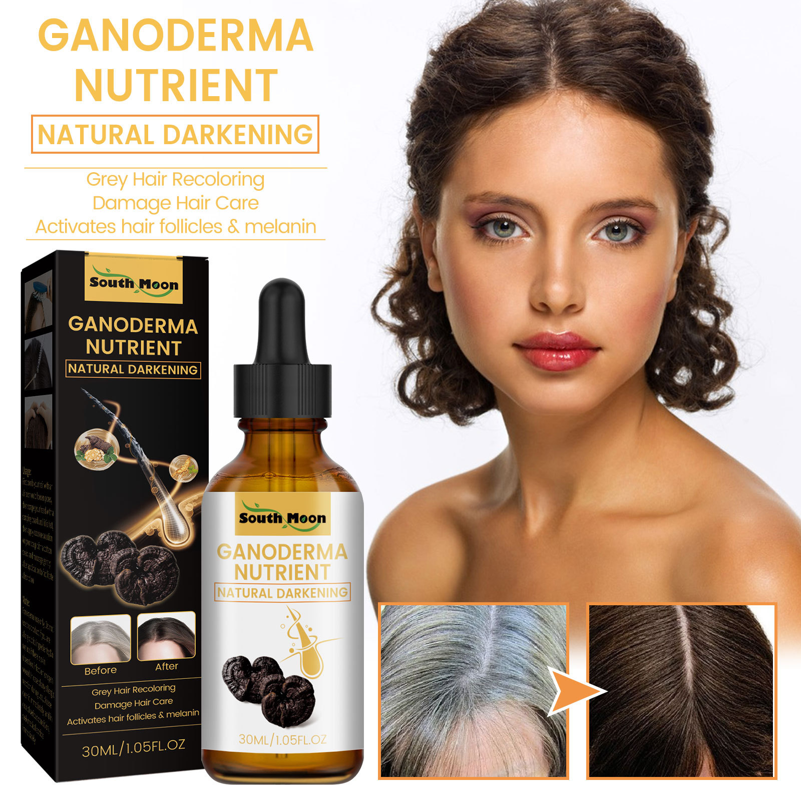 Anti-Greying Hair Serum Hair Care Serum Anti Grey Hair Supplements Ganoderma Nutrient Natural Darkening Promotes Healthier and Thicker Hair 30ml