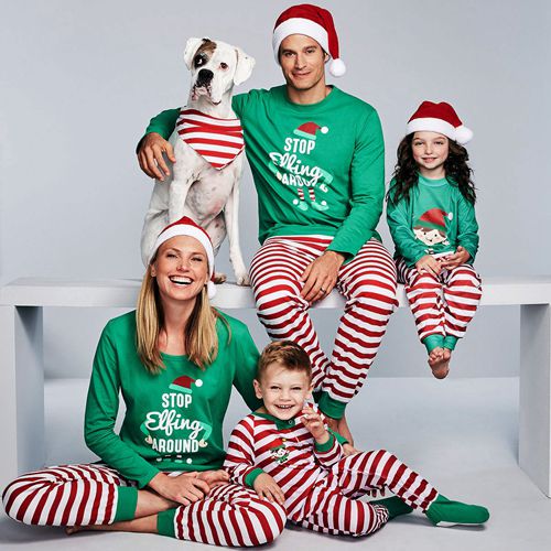 (3M Baby) Family Christmas Pajamas Set 2023 Xmas Letter Print Stop Elfing Around Family Matching Clothes Adult Kid Pyjamas Baby Romper Xmas Family Sleepwear