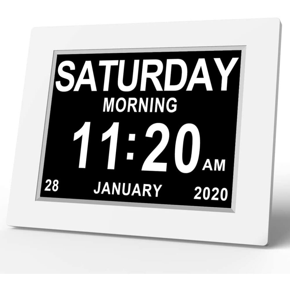 (White) Calendar Memory Loss Day Clock with Digital Photo Frame Extra Large Non-Abbreviated Day Month 8 Inch