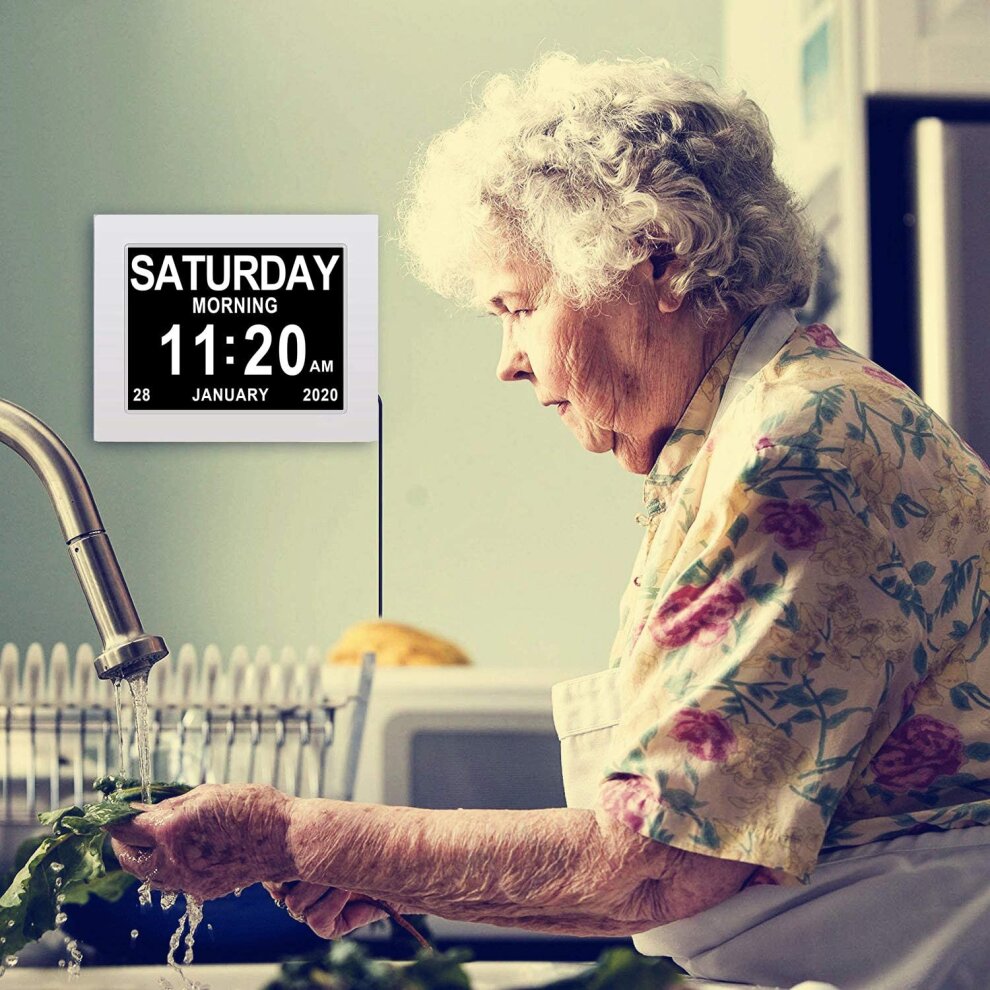 (White) Calendar Memory Loss Day Clock with Digital Photo Frame Extra Large Non-Abbreviated Day Month 8 Inch