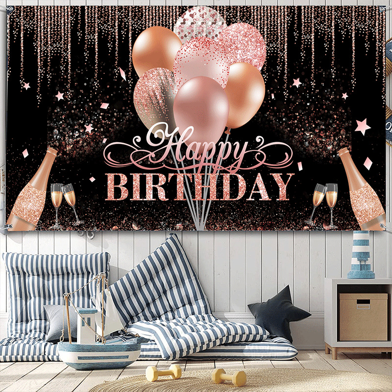 Birthday Party Sign Backdrop Banner Gold Glitter Balloon Fireworks Birthday Photo Backdrop Background
