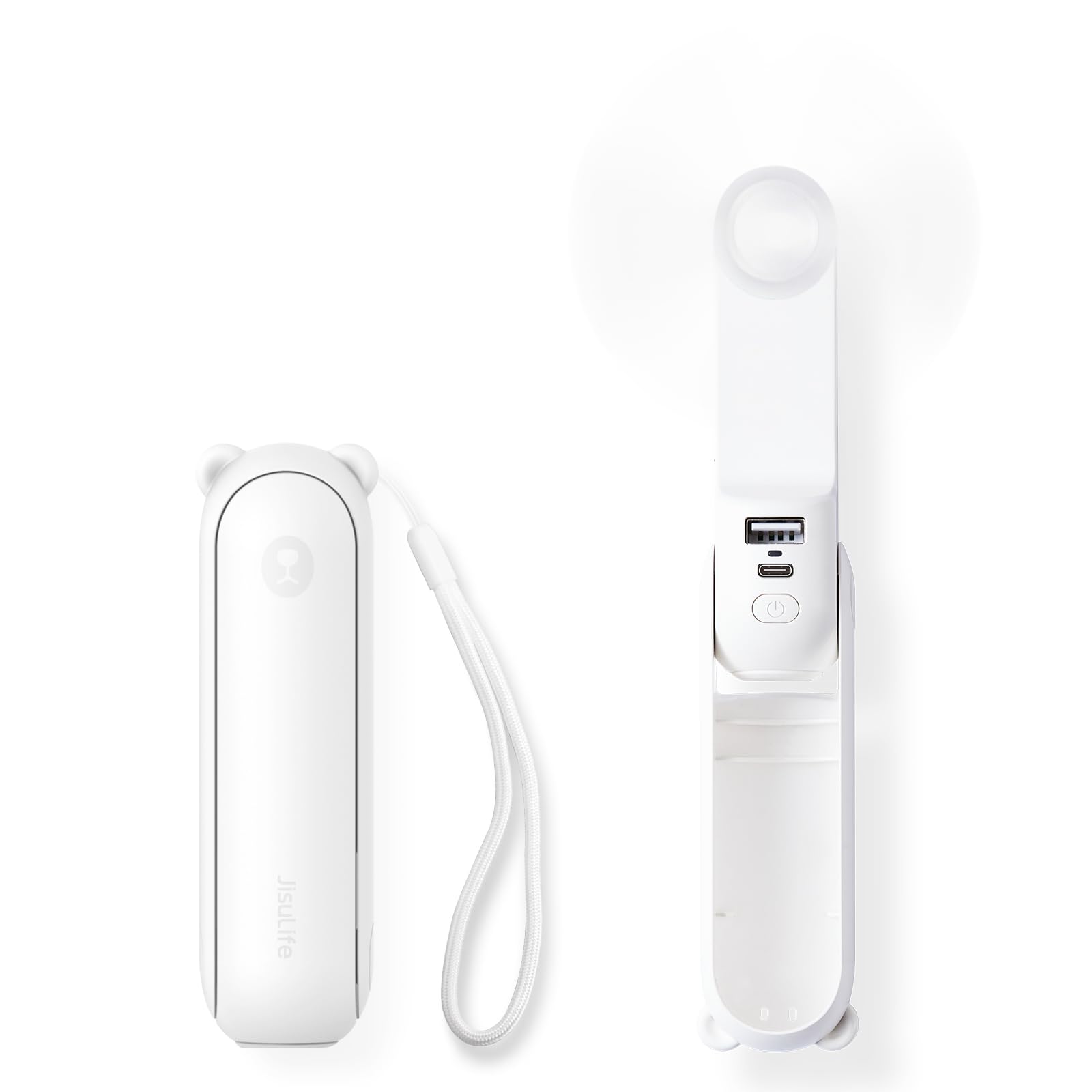 (White) JISULIFE Handheld Fan 3 IN 1 Mini Hand Fan Portable USB Rechargeable Small Pocket Fan Battery Operated Fan 14-21 Working Hours with Power Bank Flashlight Feature for Women