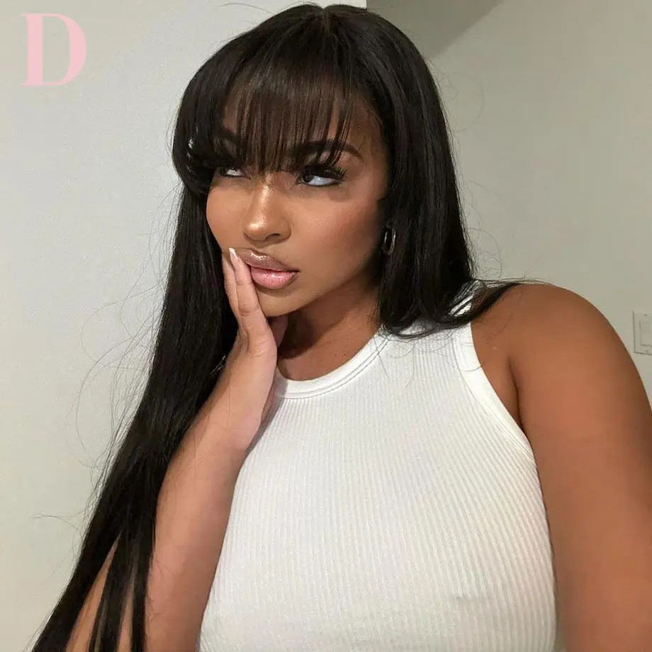 (180 Percent Density 16inches) Straight 3x1 Middle Part Lace Realistic Look Fake Scalp Wig Brazilian Wig Straight Fringe Human Hair With Bangs For Women