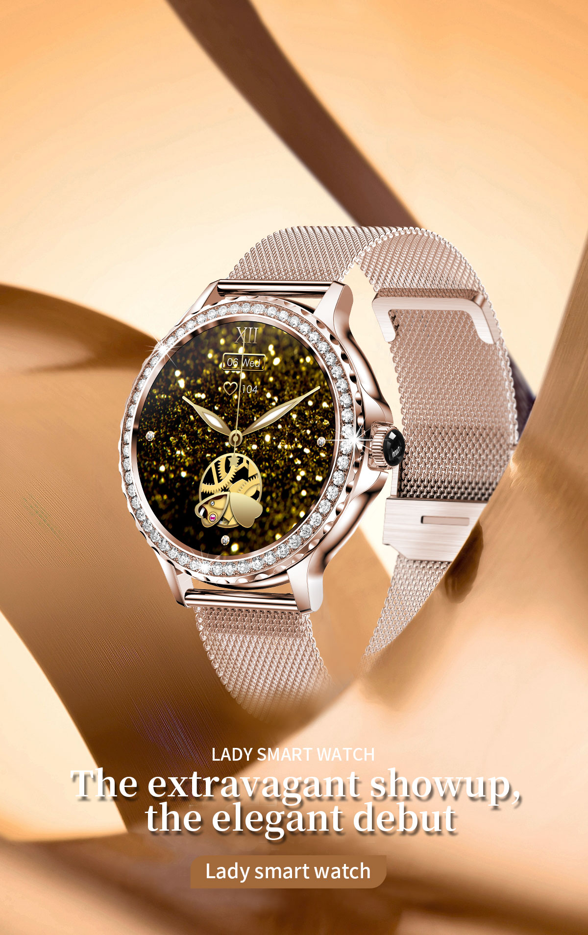 (Rose Gold) Women Smart Watch Fashion Bluetooth Call Intelligent Sports Bracelet IP68 Waterproof Watch Embedding Smartwatch for Android iOS Phones