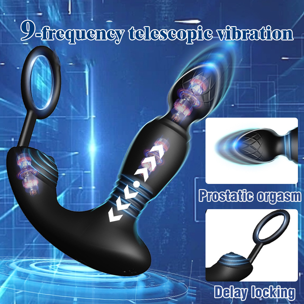 Thrusting Butt Plug Vibrator Telescopic Vibrating Anal Vibrators Prostate Perineum Massage Male Delay Lock Ring Sex Toy for Men Anal Plug Cock Ring