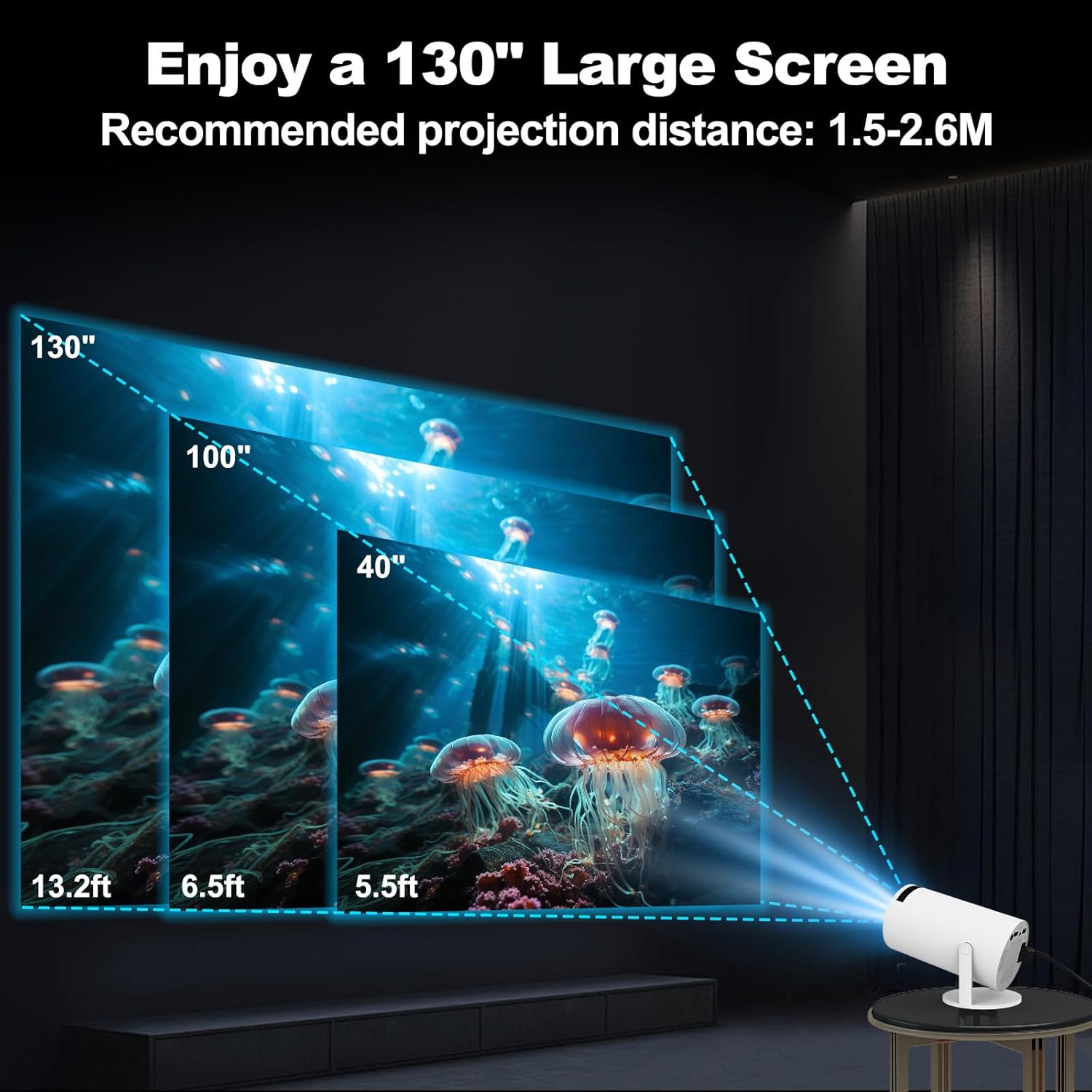 (White) Mini Projector with WIFI and Bluetooth, 4K 1080P Support Portable Projector Rotatable 130 Inch Screen Movie Projector Auto Keystone Compatible for Laptop PC Smartphone