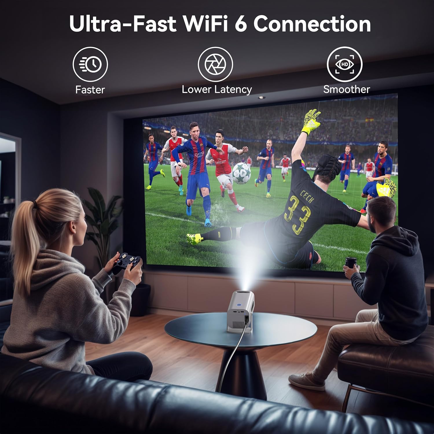 (White) Projector 4k 1080p Full HD Mini Projector with Auto Keystone Smart Projector with Android BT Mini Projector 4K with 150 Inch Display Rotation Portable Projector