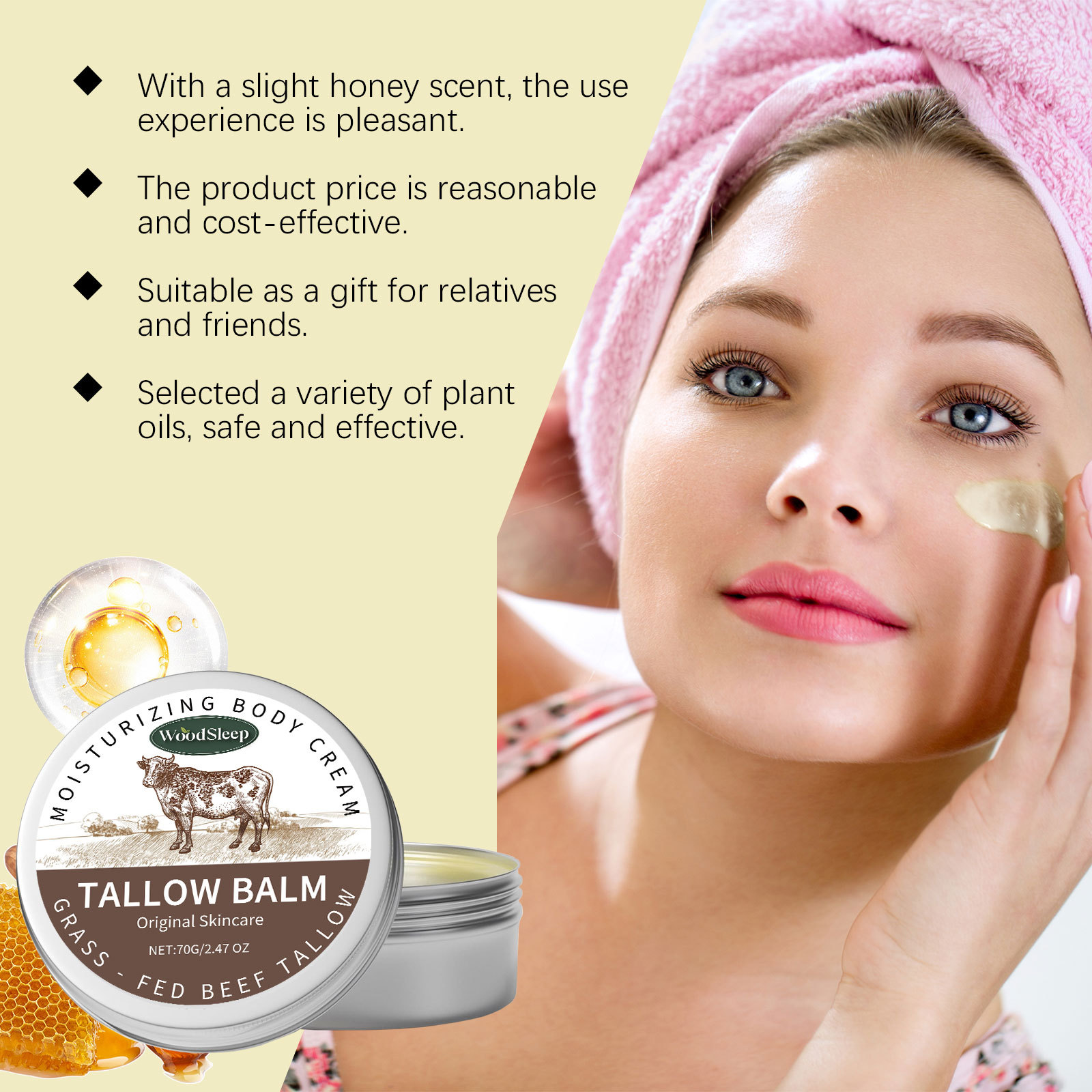 WoodSleep Beef Tallow Balm Moisturizer Sebum and Honey Cream Nourishing Softening Smoothing Relieve Dryness Face Body Cream Natural Beef Tallow Lotion