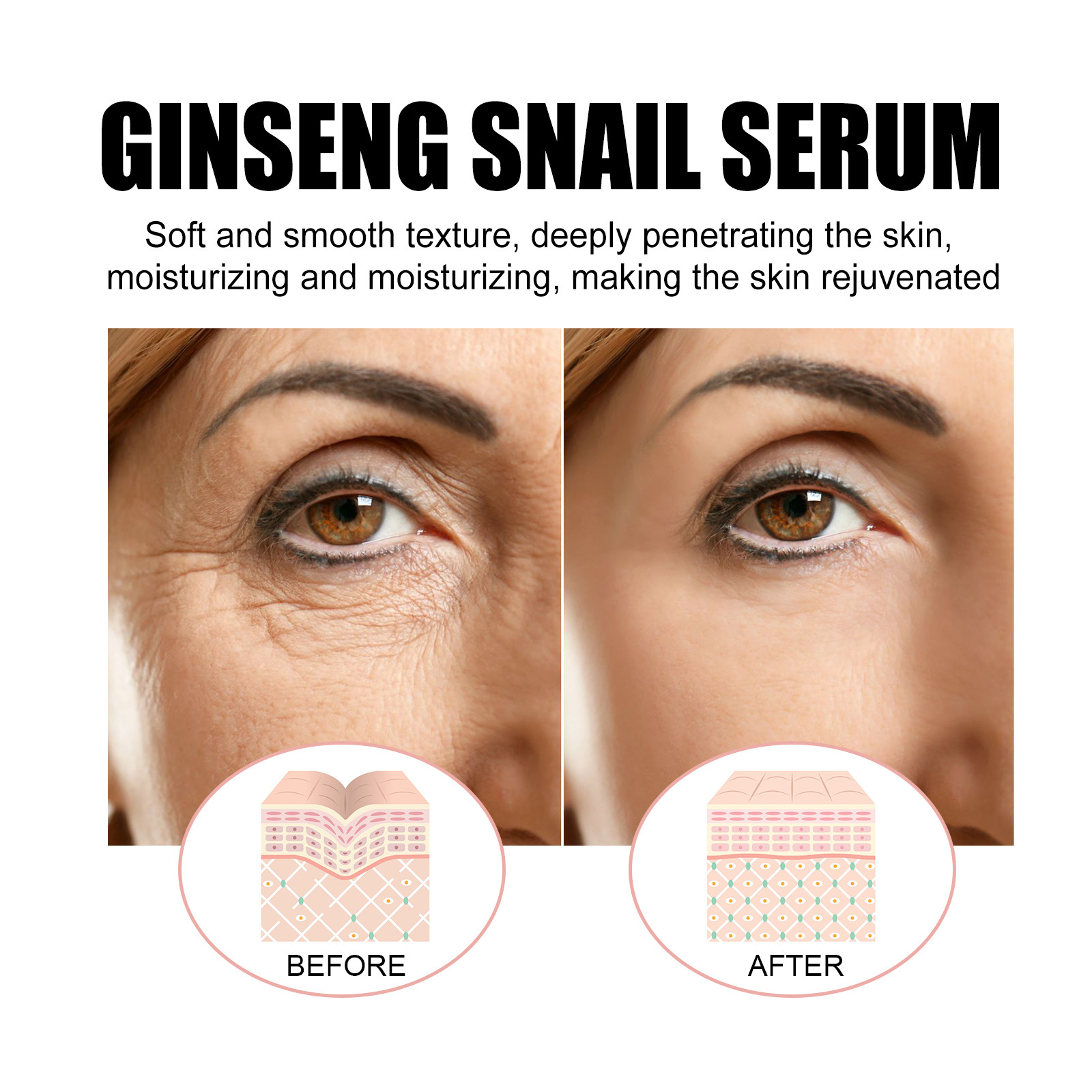 (1 PC) Ginseng Snail Serum Anti Wrinkle Anti Aging Eye Face Lifting Tightening Fade Fine Lines Moisturizing Brighten Glow Korean Beauty Skin Care Cosmetics