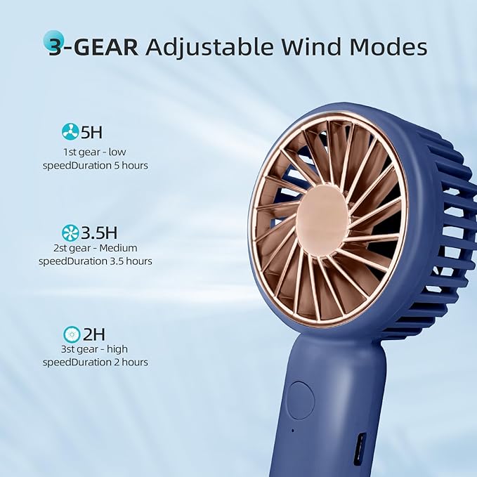 (Blue) Outdoor Pocket Fan Handheld Air Cooler Mini USB Charging Portable Summer Cooling Small Personal Cool Fans for Office Desktop