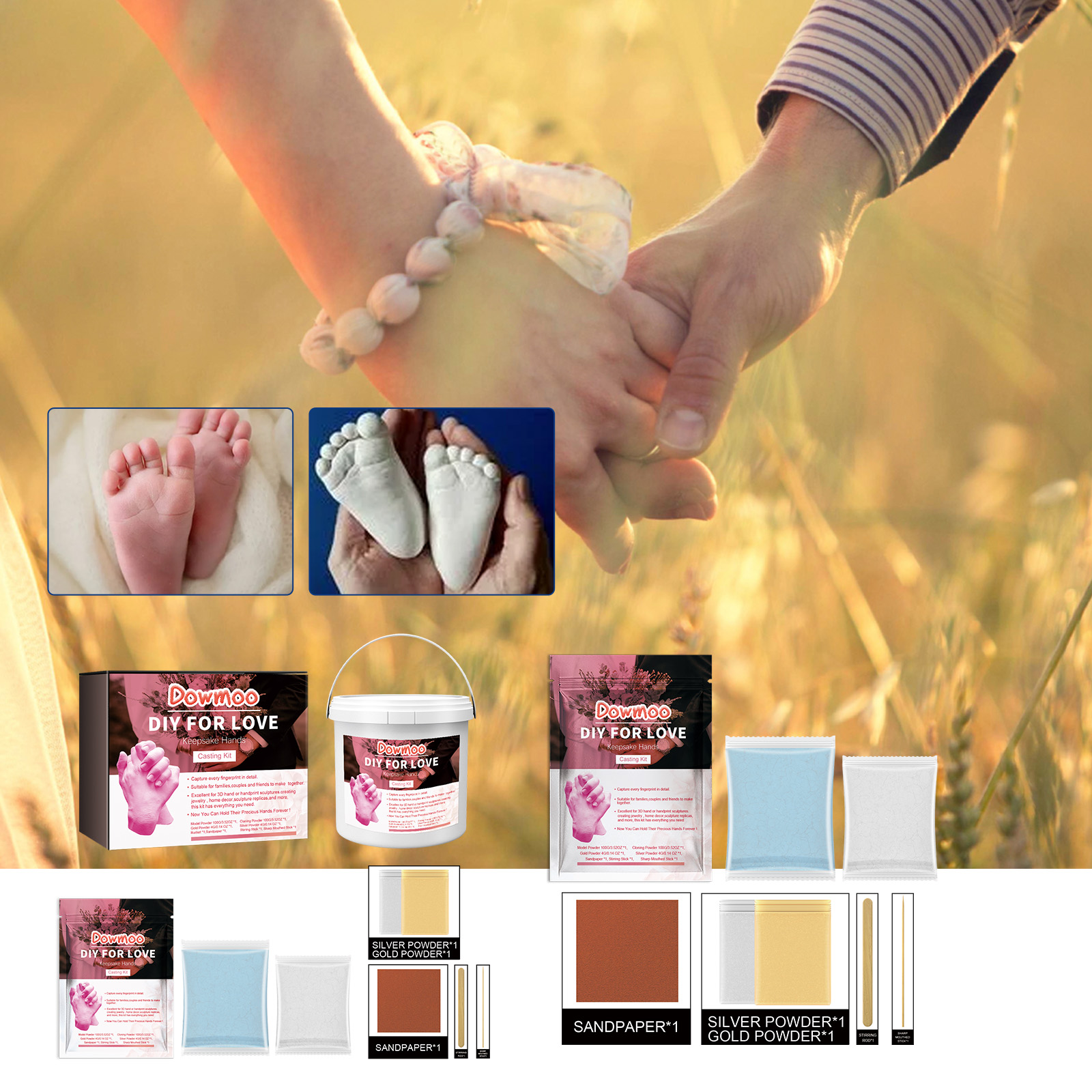(Blue) DIY Hands Mold Casting Kit Parent-Child Friends Couple Anniversary Creative Gift Hand Foot Mold Plaster Casting 3D Clone Powder ﻿