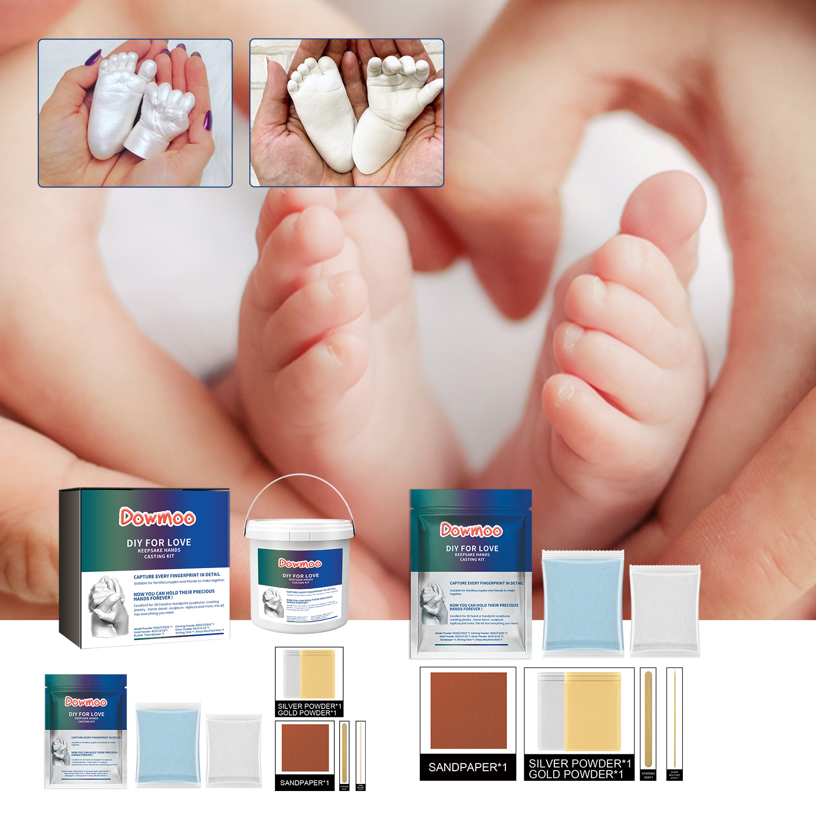 (Blue) DIY Hands Mold Casting Kit Parent-Child Friends Couple Anniversary Creative Gift Hand Foot Mold Plaster Casting 3D Clone Powder ﻿