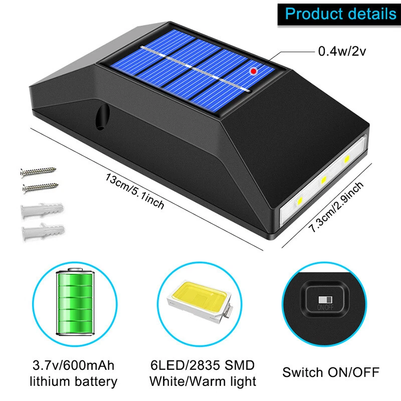  Solar Powered 6 LED Wall Lights Fence Outdoor Garden Patio Lamp Waterproof 2Pcs