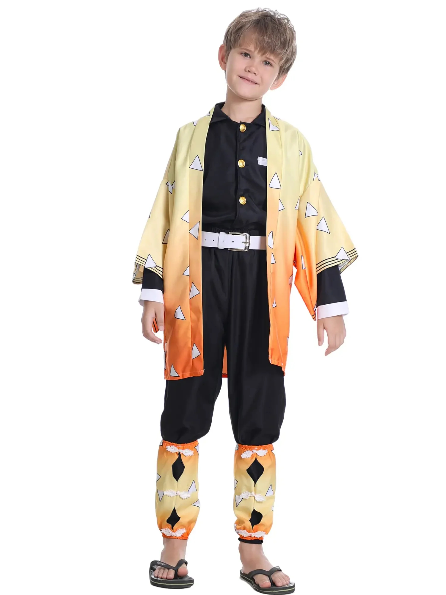 (130CM) Kids Halloween Cosplay Outfit Agatsuma Zenitsu 6 Pcs Set with Wig Anime Dress Up Clothes for Boys Girls Festival Roleplay
