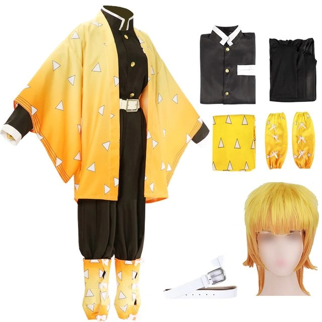 (130CM) Kids Halloween Cosplay Outfit Agatsuma Zenitsu 6 Pcs Set with Wig Anime Dress Up Clothes for Boys Girls Festival Roleplay